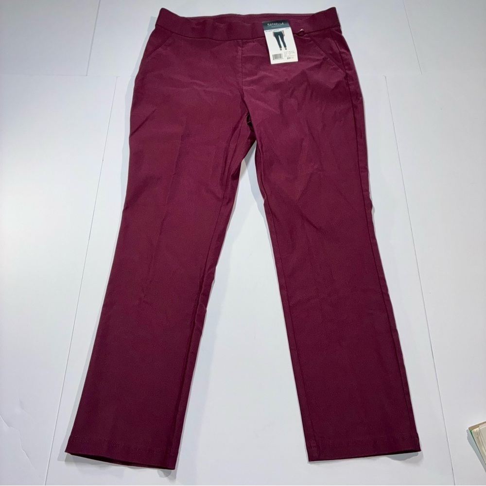 Rafaella Slim Ankle Pull On Dress Pants Womens 14 Wine Stretch Comfort NWT